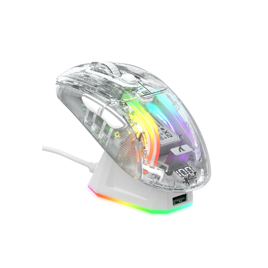 ATTACK SHARK X2 Pro Wireless Gaming Mouse with Charging Dock, Silent Bluetooth Mouse (Tri-Mode BT5.0/2.4G/Wired), RGB Ergonomic Mouse 4000DPI, Transparent Case, PC/Mac/Tablet - White
