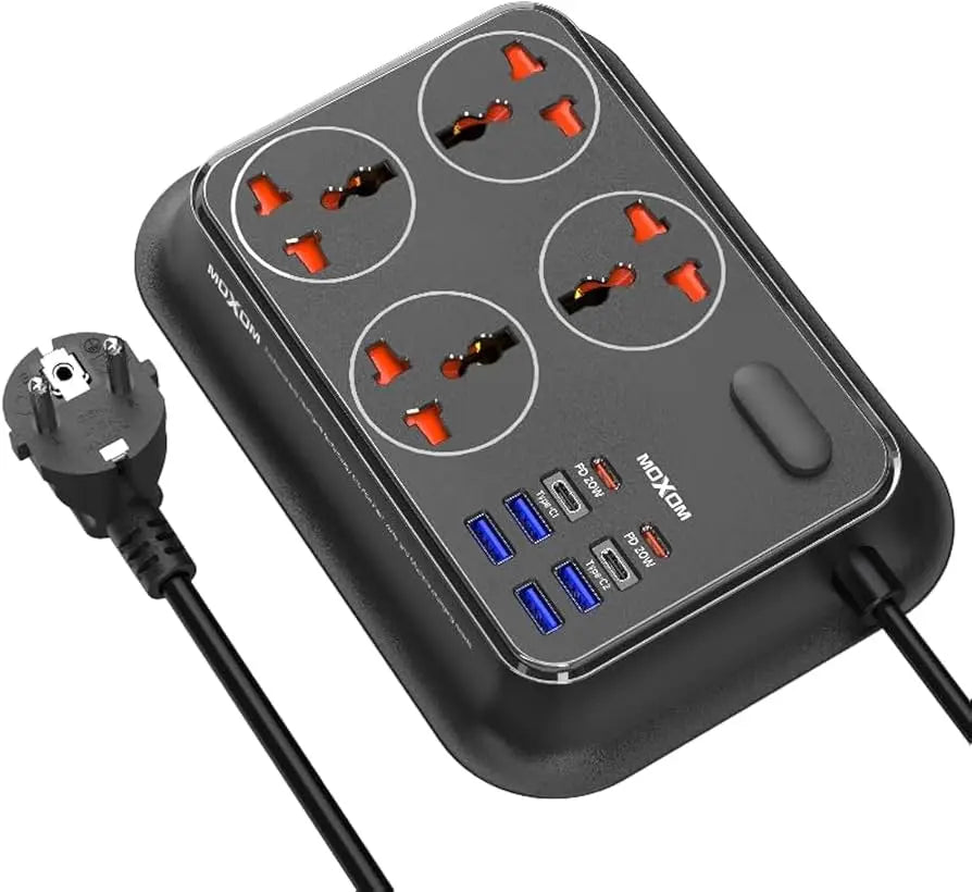 MOXOM 12in1 PD Power Strip 2 PD20W & 2 USB-C & 4 Socket & 4 USB-A And One Key Master Control For Multi Devices 2 Meter - Black