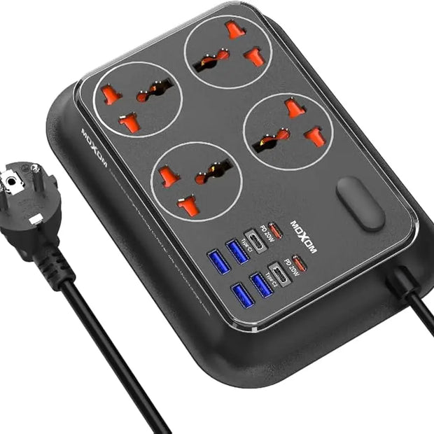 MOXOM 12in1 PD Power Strip 2 PD20W & 2 USB-C & 4 Socket & 4 USB-A And One Key Master Control For Multi Devices 2 Meter - Black