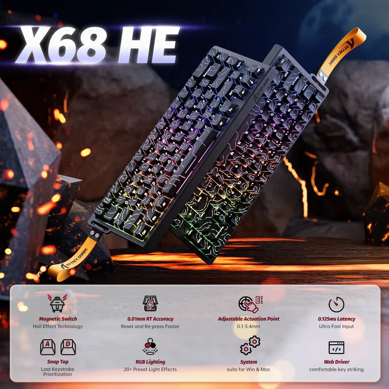 Attack Shark X68 HE RGB Magnetic Switch Keyboard - Black Contours (Pattern Shines Through Keycaps)