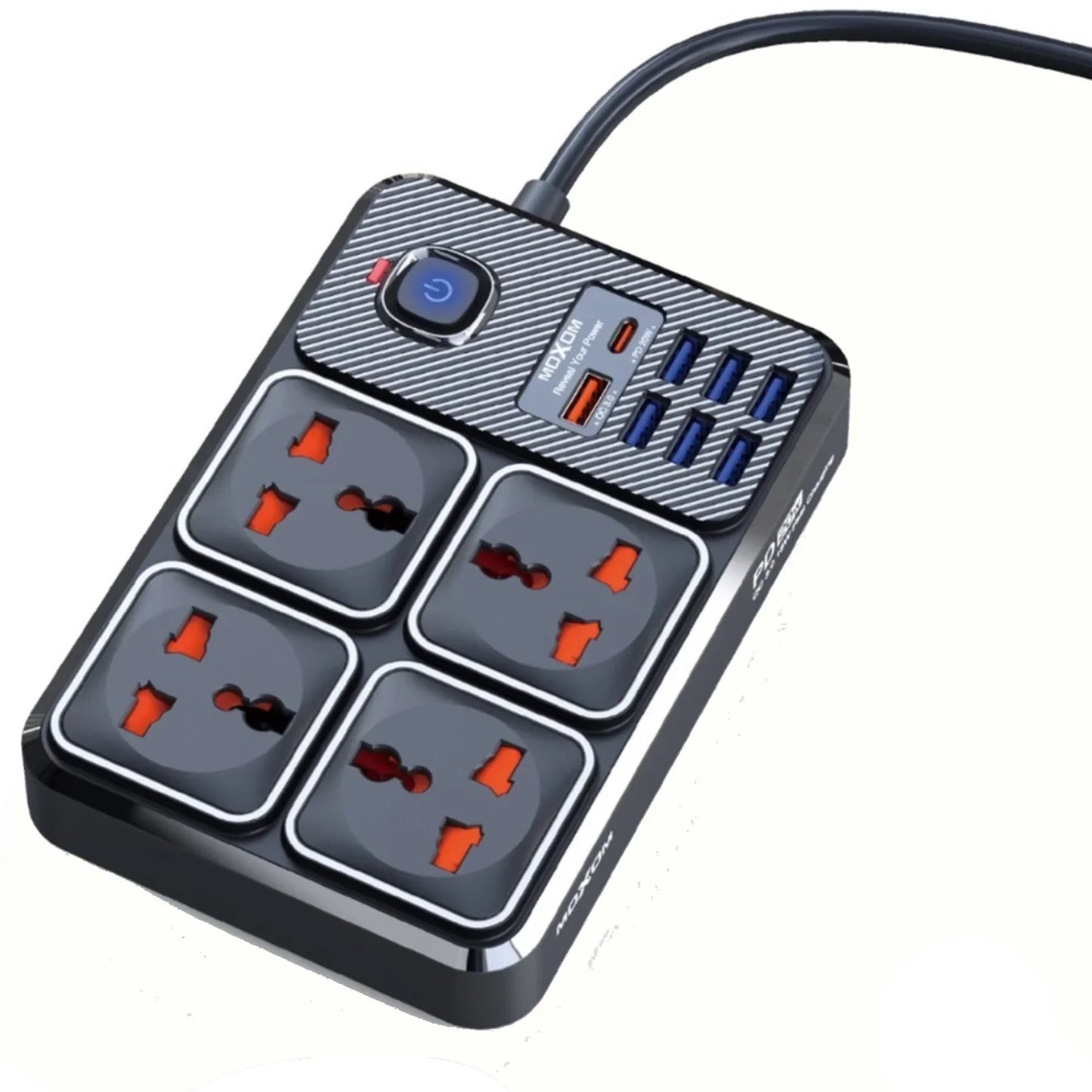 MOXOM 2 Meter Power Strip | 7 USB + 1 PD 20W, 2500W Max Outlets, 12-in-1 Multi-Function Power Hub