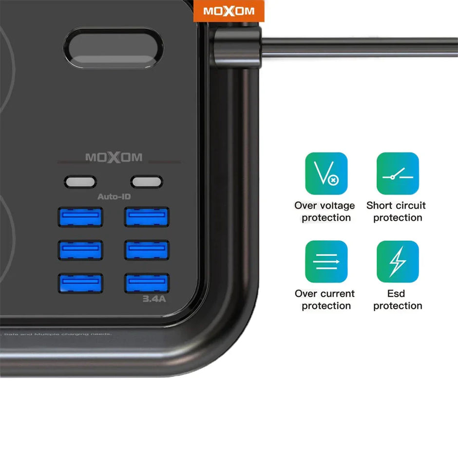 MOXOM Smart Anti-Static Power Socket 3.4A 6 USB Ports – 2 Type-C -BLACK-