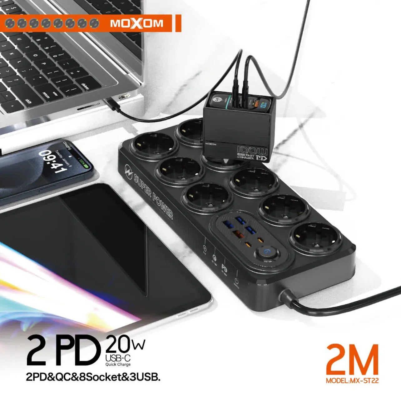 Moxom 14-in-1 High-Duty Power Strip – Multi-Socket Extension with USB Charging & Safety Protection - Black