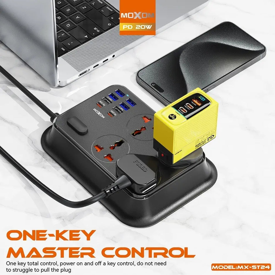 MOXOM 12in1 PD Power Strip 2 PD20W & 2 USB-C & 4 Socket & 4 USB-A And One Key Master Control For Multi Devices 2 Meter - Black