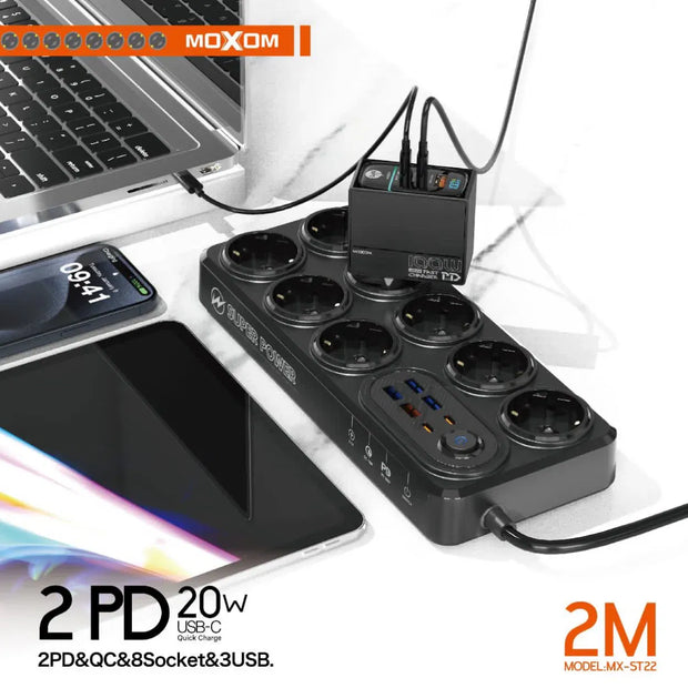 Moxom 14-in-1 High-Duty Power Strip – Multi-Socket Extension with USB Charging & Safety Protection - Black