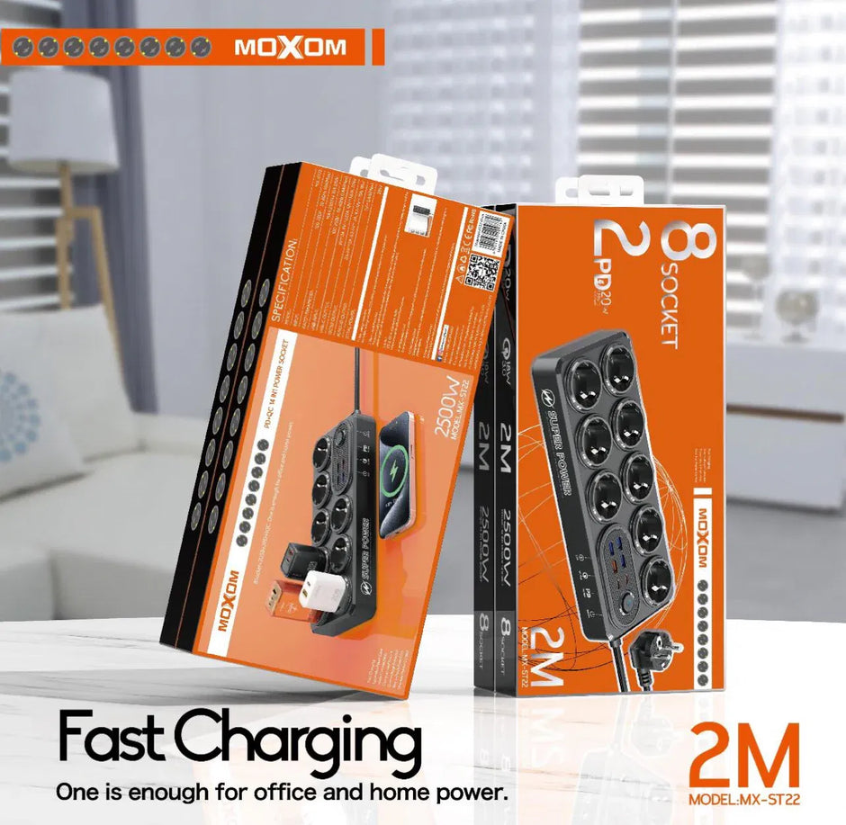 Moxom 14-in-1 High-Duty Power Strip – Multi-Socket Extension with USB Charging & Safety Protection - Black