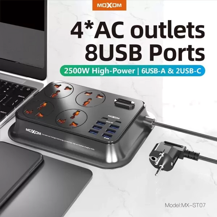 MOXOM Smart Anti-Static Power Socket 3.4A 6 USB Ports – 2 Type-C -BLACK-