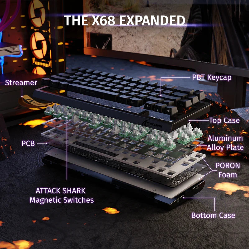 Attack Shark X68 HE RGB Magnetic Switch Keyboard - Black Contours (Pattern Shines Through Keycaps)