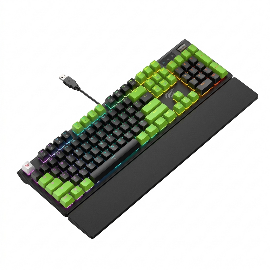 Havit GameNote KB926L Mechanical Blue Switches USB Wired RGB Multiple custom backlight, Two-color Molding Keycaps, Metal Volume Knob, Full-Key Rollover with Wrist Rest Gaming Keyboard