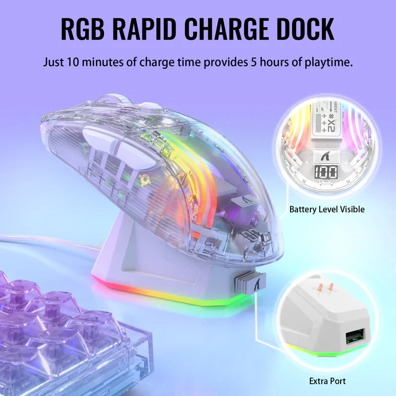 ATTACK SHARK X2 Pro Wireless Gaming Mouse with Charging Dock, Silent Bluetooth Mouse (Tri-Mode BT5.0/2.4G/Wired), RGB Ergonomic Mouse 4000DPI, Transparent Case, PC/Mac/Tablet - White