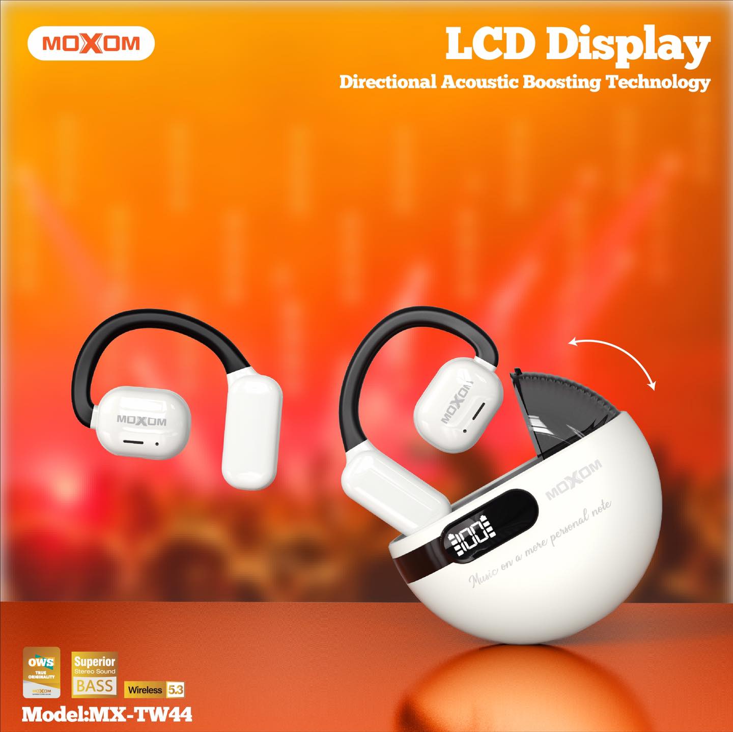 MOXOM MX-TW44 OWS OPEN AIR CONDUCTION ON EAR TWS WIRELESS V5.3 BLUETOOTH EARPHONES EARBUDS - Black