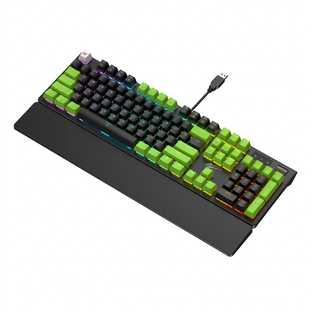 Havit GameNote KB926L Mechanical Blue Switches USB Wired RGB Multiple custom backlight, Two-color Molding Keycaps, Metal Volume Knob, Full-Key Rollover with Wrist Rest Gaming Keyboard