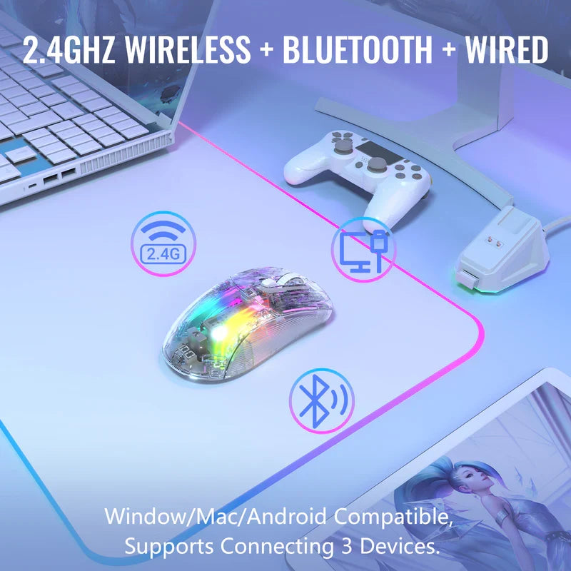 ATTACK SHARK X2 Pro Wireless Gaming Mouse with Charging Dock, Silent Bluetooth Mouse (Tri-Mode BT5.0/2.4G/Wired), RGB Ergonomic Mouse 4000DPI, Transparent Case, PC/Mac/Tablet - White