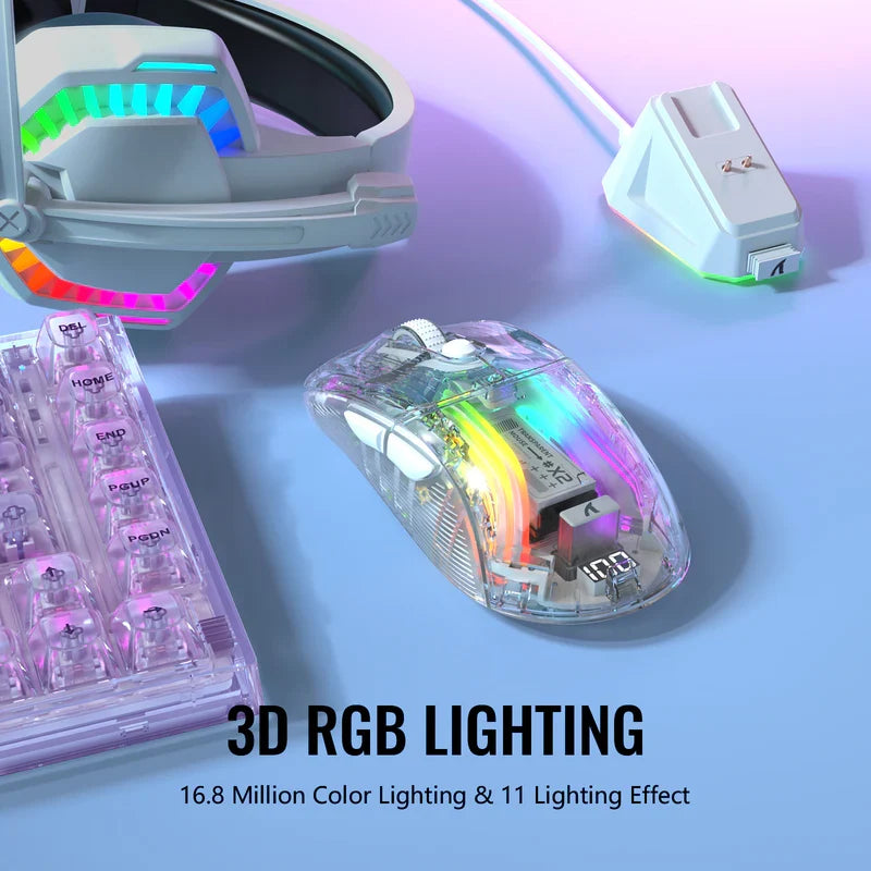 ATTACK SHARK X2 Pro Wireless Gaming Mouse with Charging Dock, Silent Bluetooth Mouse (Tri-Mode BT5.0/2.4G/Wired), RGB Ergonomic Mouse 4000DPI, Transparent Case, PC/Mac/Tablet - White