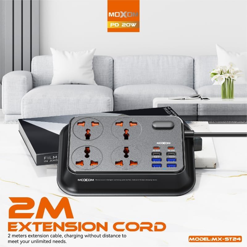MOXOM 12in1 PD Power Strip 2 PD20W & 2 USB-C & 4 Socket & 4 USB-A And One Key Master Control For Multi Devices 2 Meter - Black