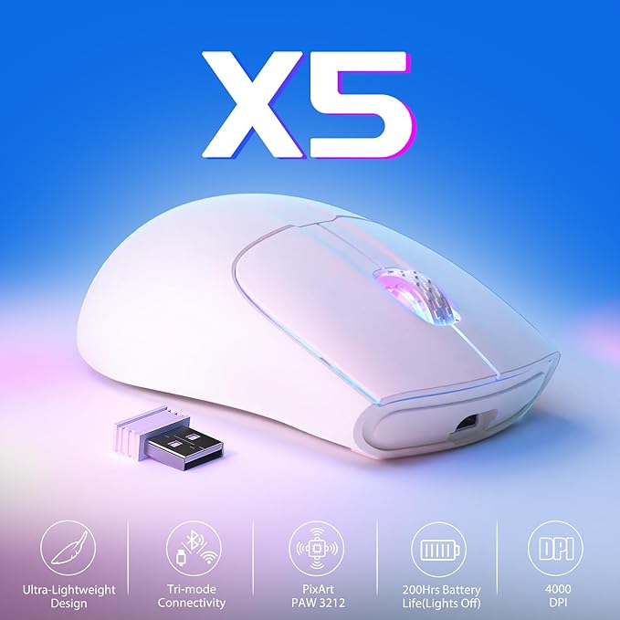 Attack Shark X5 RGB Weightless Mouse Tri-Mode Wired/2.4G/BT5.0, PAW3312 PixArt Optical Sensor, up to 4000DPI, with Long Battery Life for Office/Game