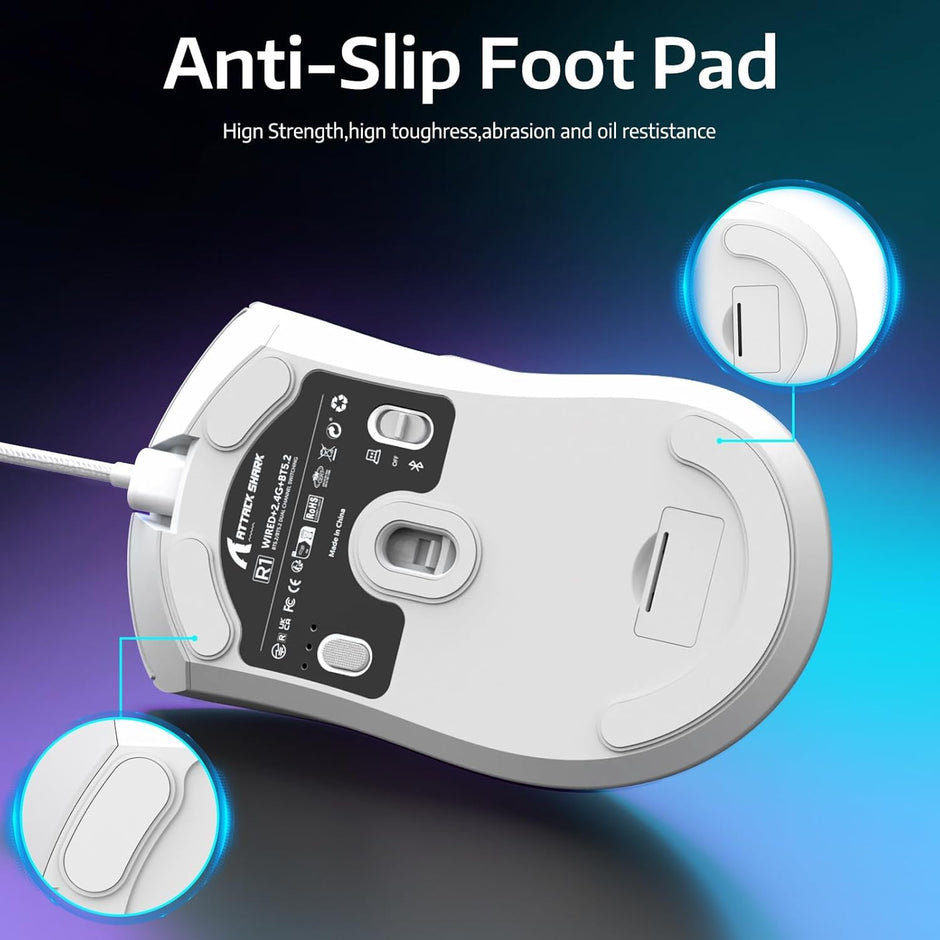 Attack Shark Wireless R1-Mouse Wired+2.4G+BT5.2 Connections BT5.2/BT5.2 Dual Channel Switching Tri-Mode Connection and Type-C Charging