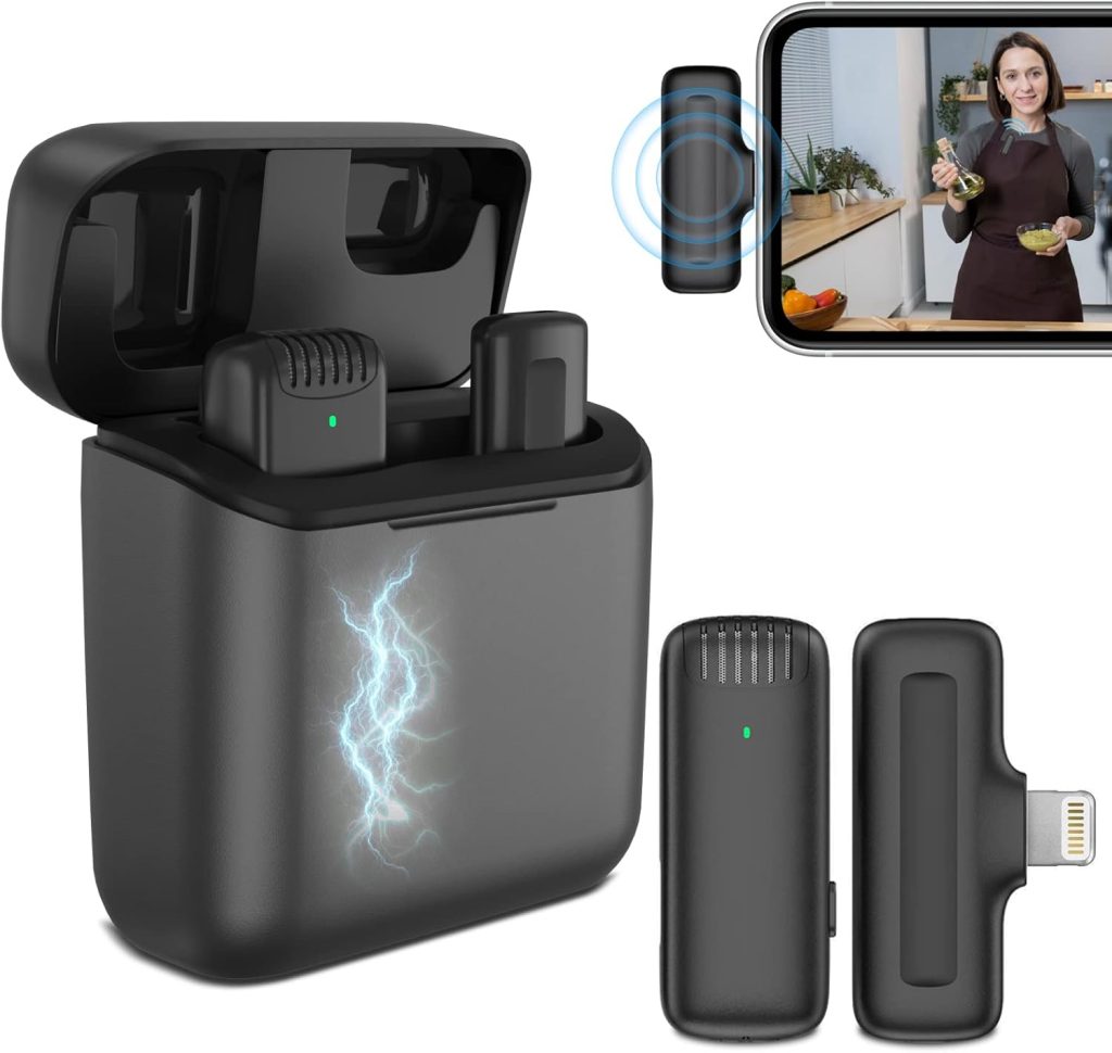 MOXOM Noise Reduction Lightning Wireless Microphone for Live Shows, Vlogs, and Interviews
