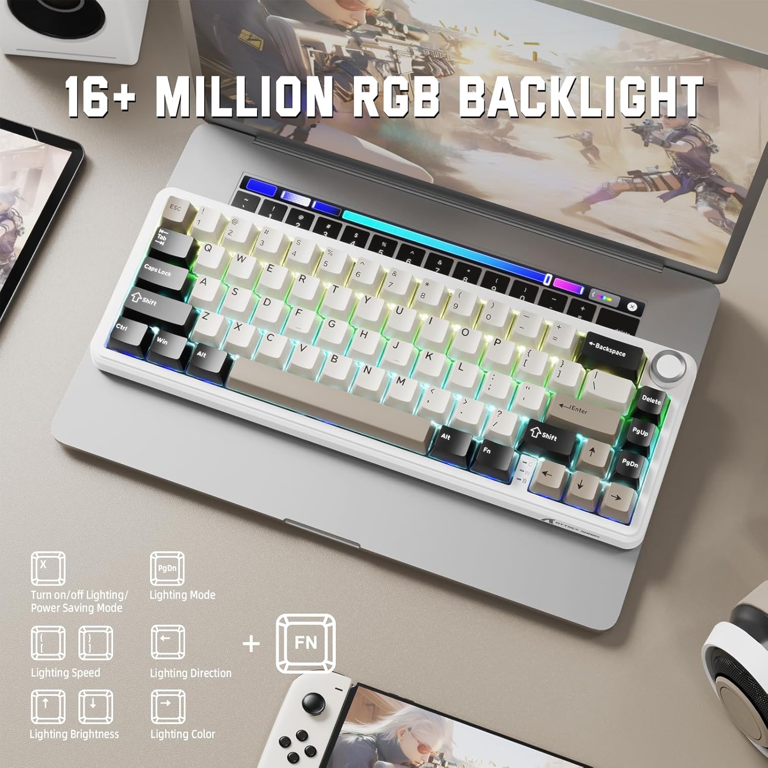 Attack Shark X66 Wireless Mechanical Keyboard with Side Printed PBT Keycaps 60% Wireless Gasket Mechanical Keyboard and Custom Linear Strawberry Switches - Cheese White
