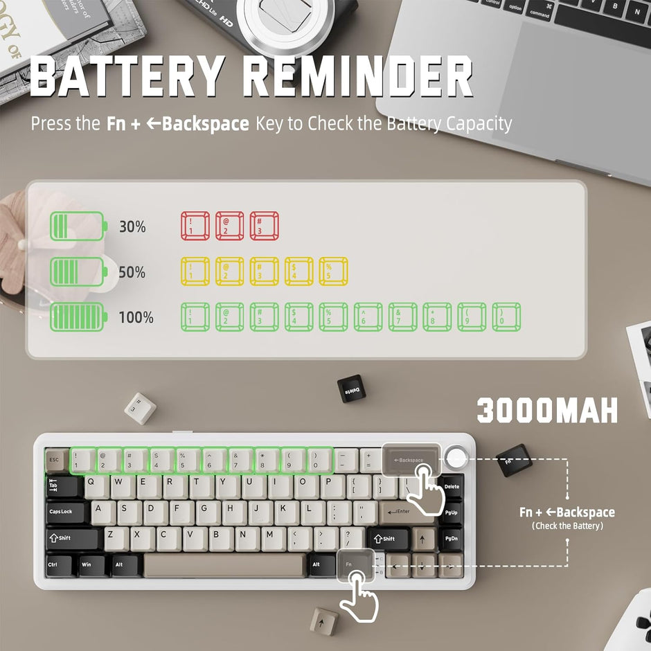 Attack Shark X66 Wireless Mechanical Keyboard with Side Printed PBT Keycaps 60% Wireless Gasket Mechanical Keyboard and Custom Linear Strawberry Switches - Cheese White