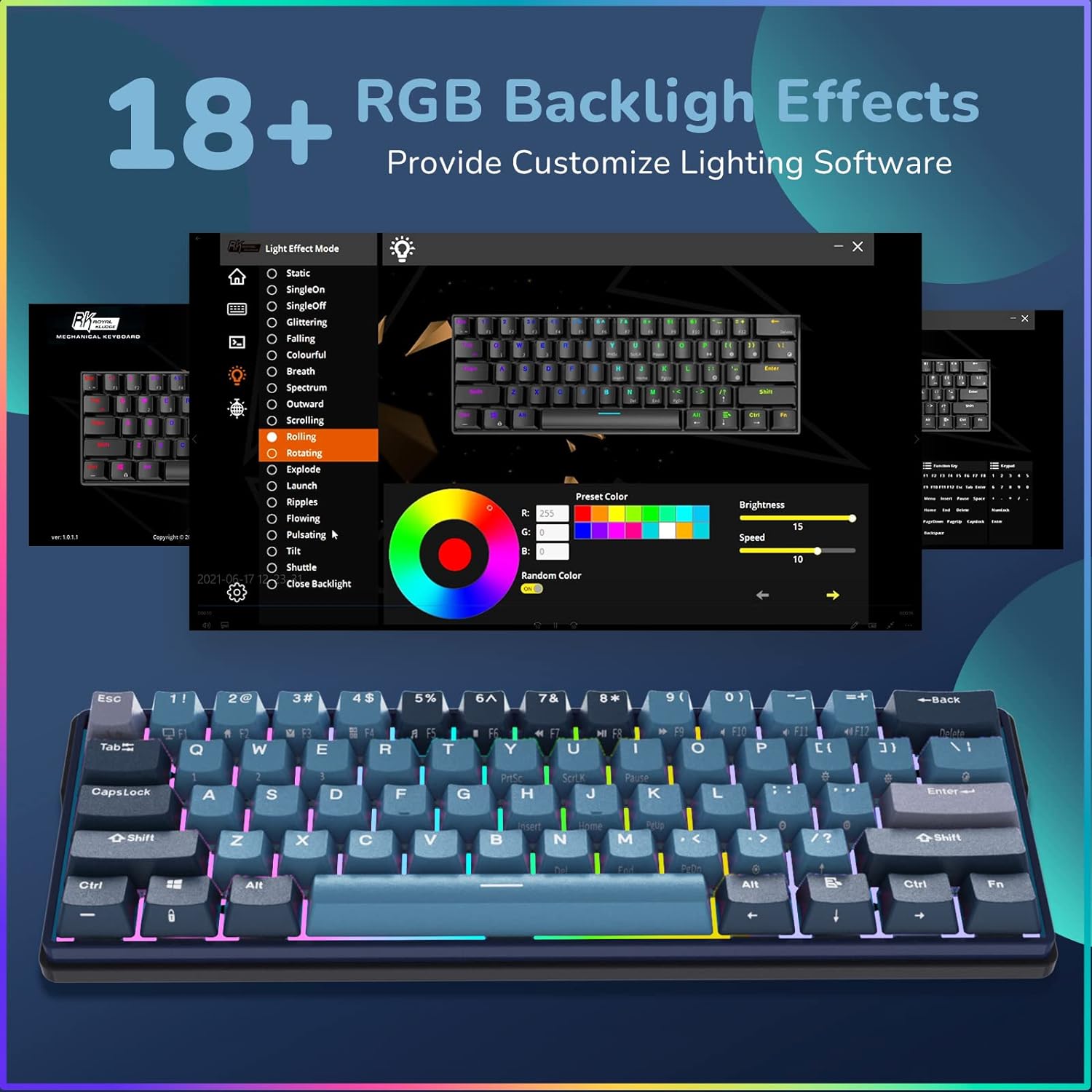 Royal Kludge RK61 Plus Triple Mode Wireless Bluetooth5.1/2.4G/Wired, RGB 61-Keys Hot Swappable Mechanical Keyboard - Indigo