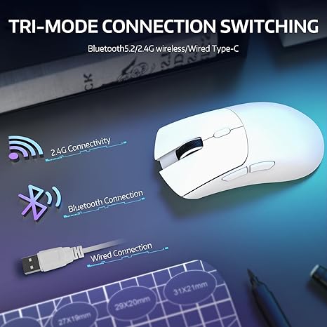 Attack Shark Wireless R1-Mouse Wired+2.4G+BT5.2 Connections BT5.2/BT5.2 Dual Channel Switching Tri-Mode Connection and Type-C Charging
