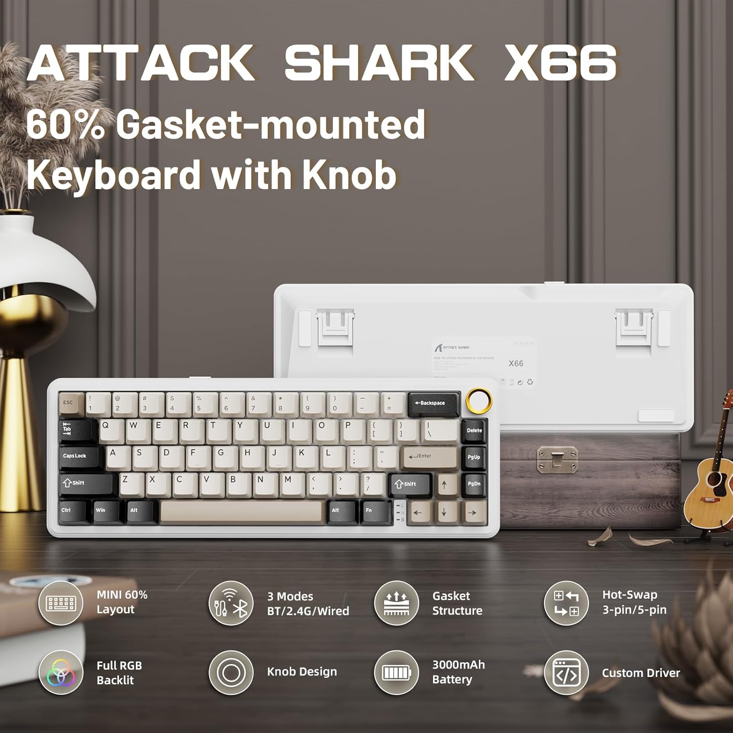 Attack Shark X66 Wireless Mechanical Keyboard with Side Printed PBT Keycaps 60% Wireless Gasket Mechanical Keyboard and Custom Linear Strawberry Switches - Cheese White