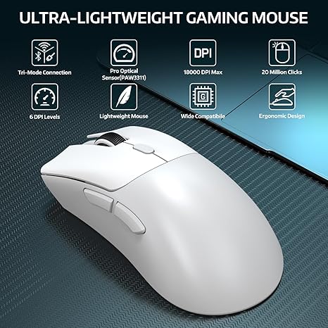 Attack Shark Wireless R1-Mouse Wired+2.4G+BT5.2 Connections BT5.2/BT5.2 Dual Channel Switching Tri-Mode Connection and Type-C Charging