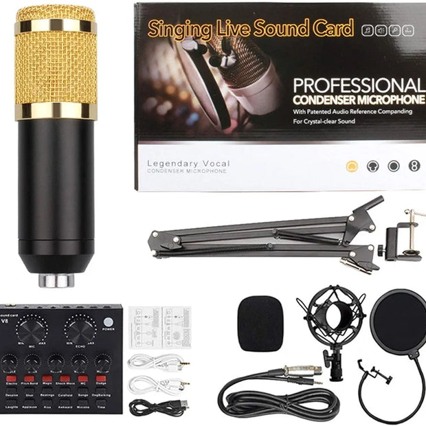 BM800 Microphone Kit with V8 Sound Card, for Studio Recording and Broadcasting Mobile Live Streaming