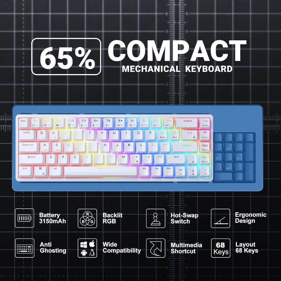 RK ROYAL KLUDGE RK68 | RK837 65%  Triple Mode Wireless Bluetooth5.1/2.4G/Wired, Hot Swappable Mechanical Gaming Keyboard, 68 Keys RGB - White