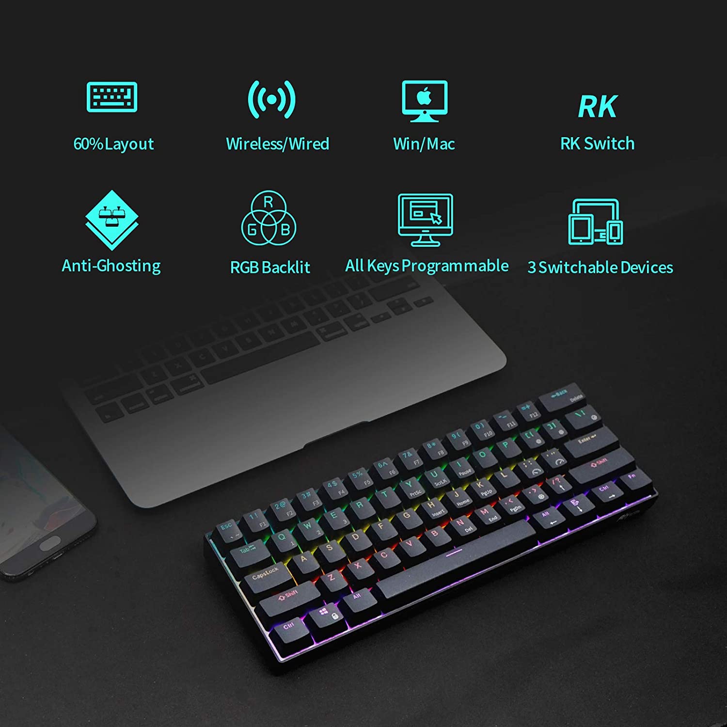 Rk Royal Kludge Rk61 Rgb Dual Mode Wireless/wired 60% Mechanical Gaming Keyboard - Black