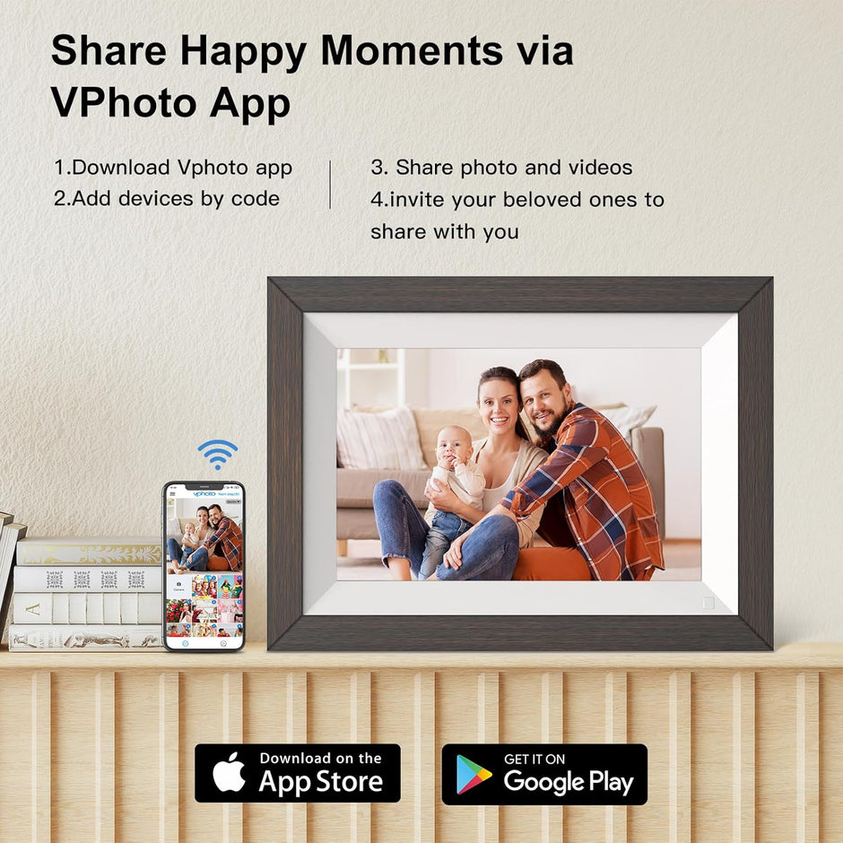 Wooden Digital Photo Frame Wireless Electronic Photo Album - 10.1-inch 32GB, Auto-Rotate, Motion Sensor, IPS Touch Screen