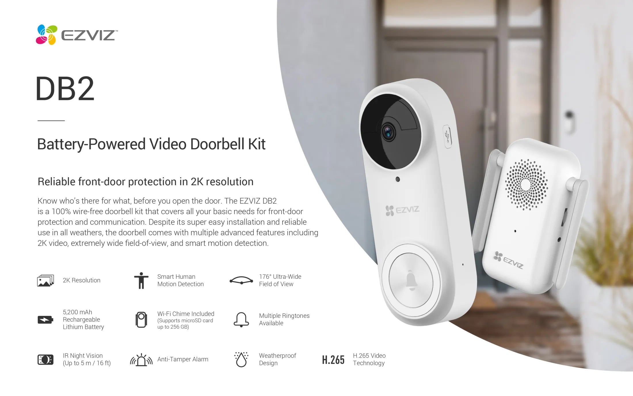 EZVIZ DB2C Kit  Wire-Free Video Doorbell with Chime