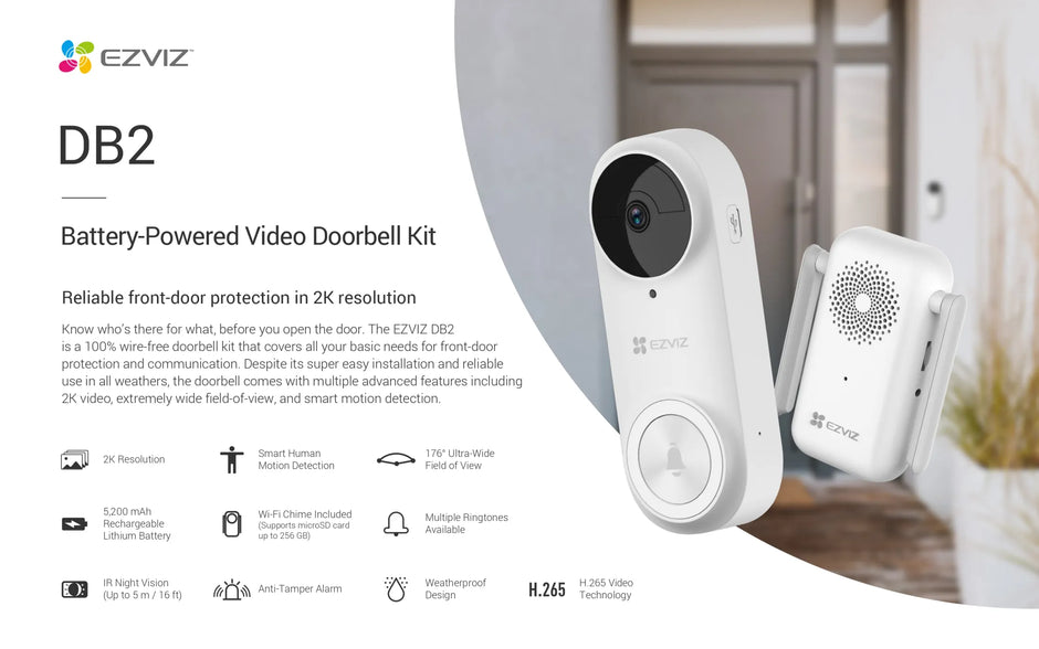 EZVIZ DB2C Kit  Wire-Free Video Doorbell with Chime