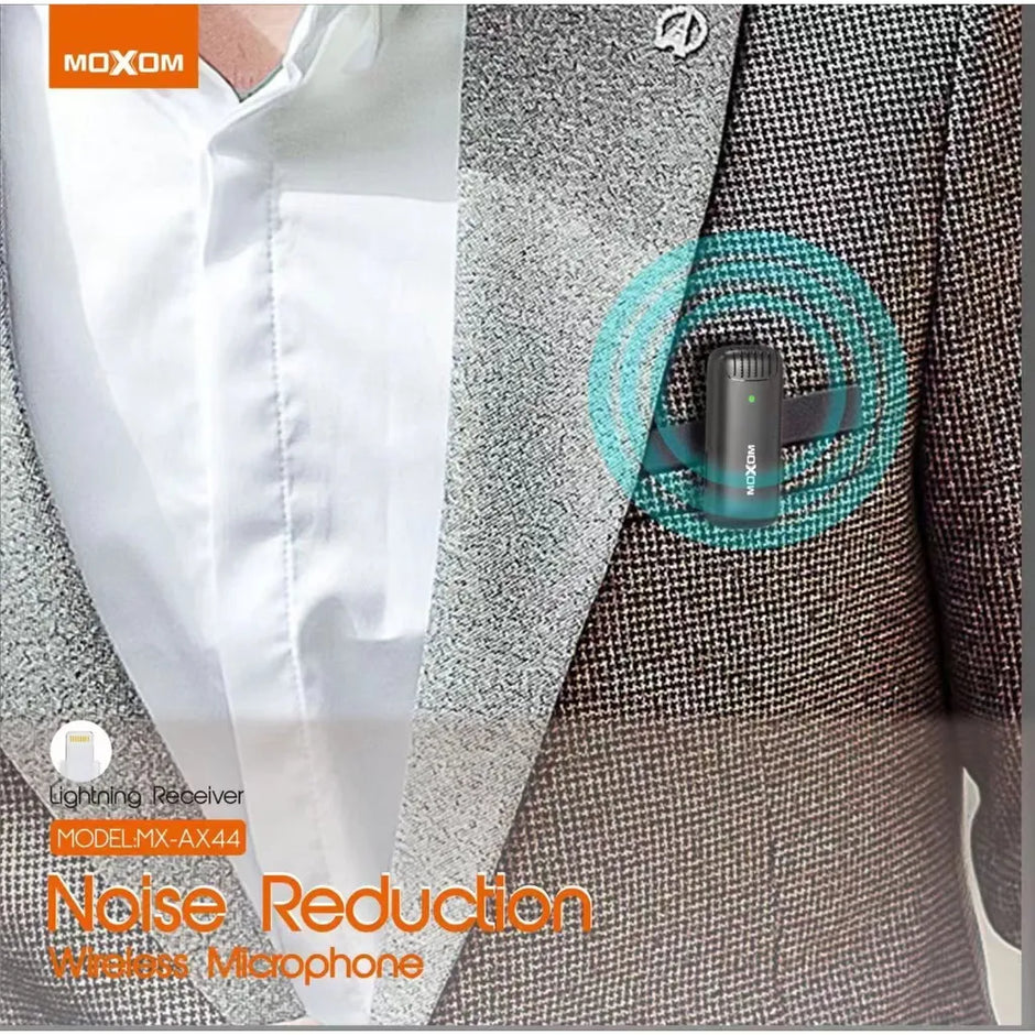 MOXOM Noise Reduction Lightning Wireless Microphone for Live Shows, Vlogs, and Interviews