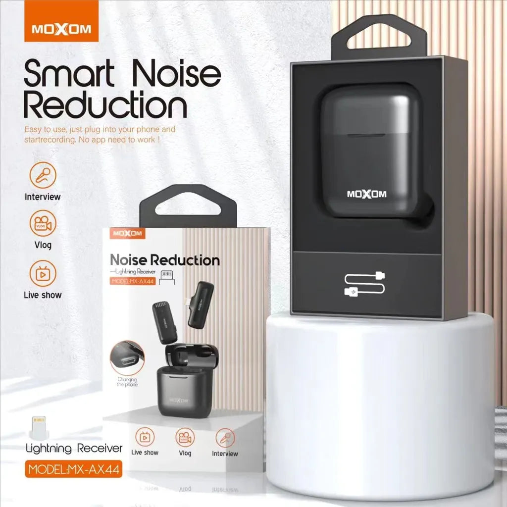 MOXOM Noise Reduction Lightning Wireless Microphone for Live Shows, Vlogs, and Interviews
