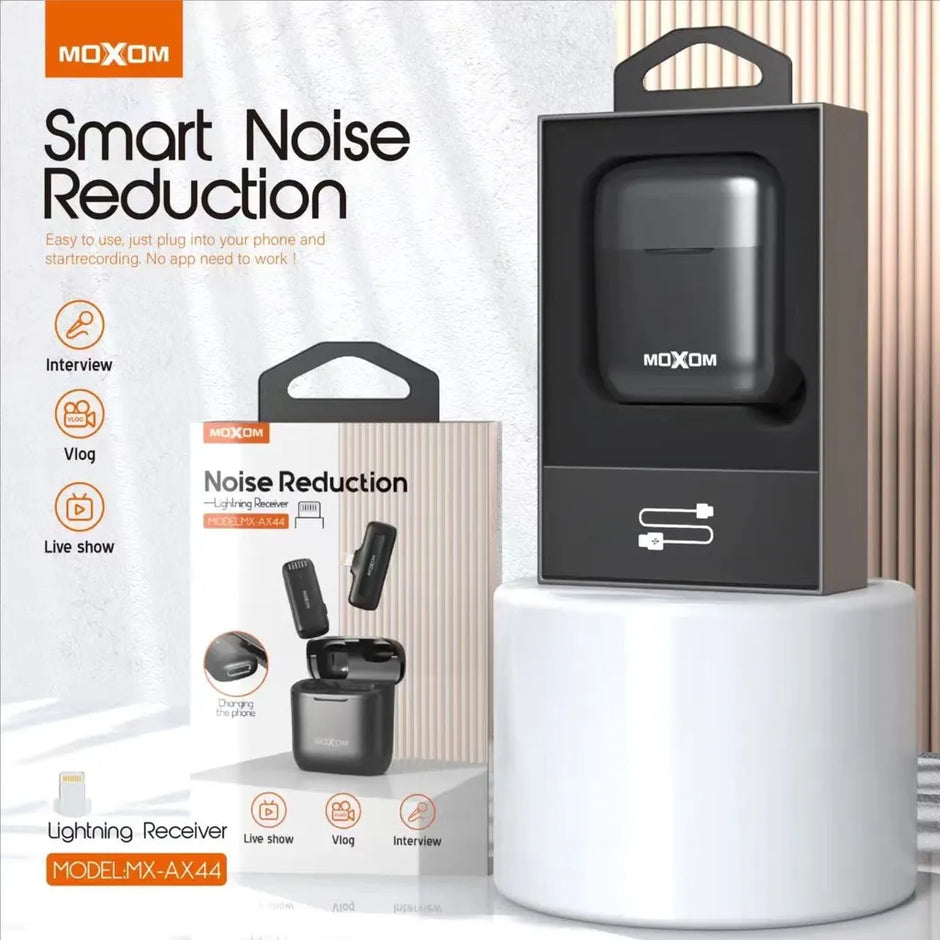 MOXOM Noise Reduction Lightning Wireless Microphone for Live Shows, Vlogs, and Interviews