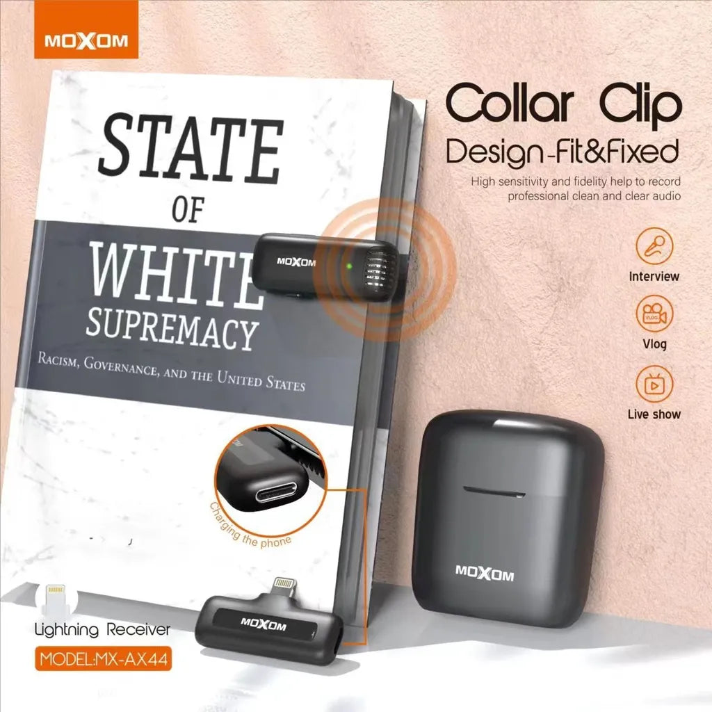 MOXOM Noise Reduction Lightning Wireless Microphone for Live Shows, Vlogs, and Interviews