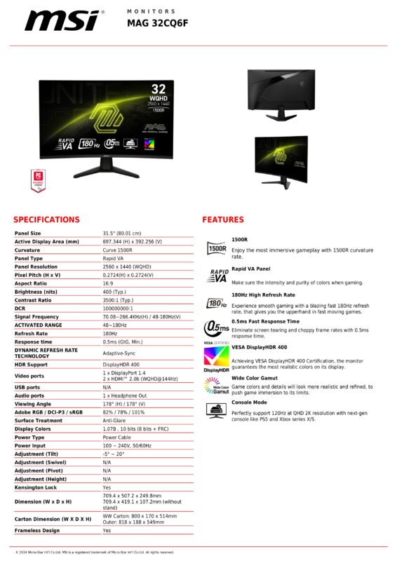 MSI Mag 32 inch WQHD Curved Gaming Monitor , 180hz refresh rate, 0.5ms GtG (Playstation, XBOX, PC)