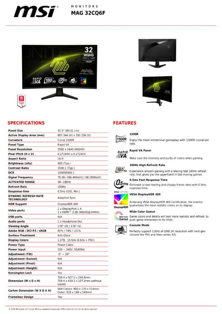 MSI Mag 32 inch WQHD Curved Gaming Monitor , 180hz refresh rate, 0.5ms GtG (Playstation, XBOX, PC)