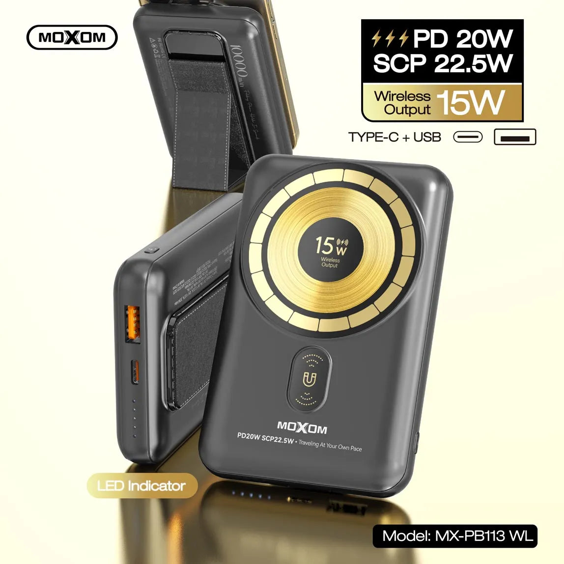 MOXOM 10000mAh PD20W SCP22.5W with LED Indicator and Magnetic 15W Wireless Output Power Bank Type-C + USB - Black