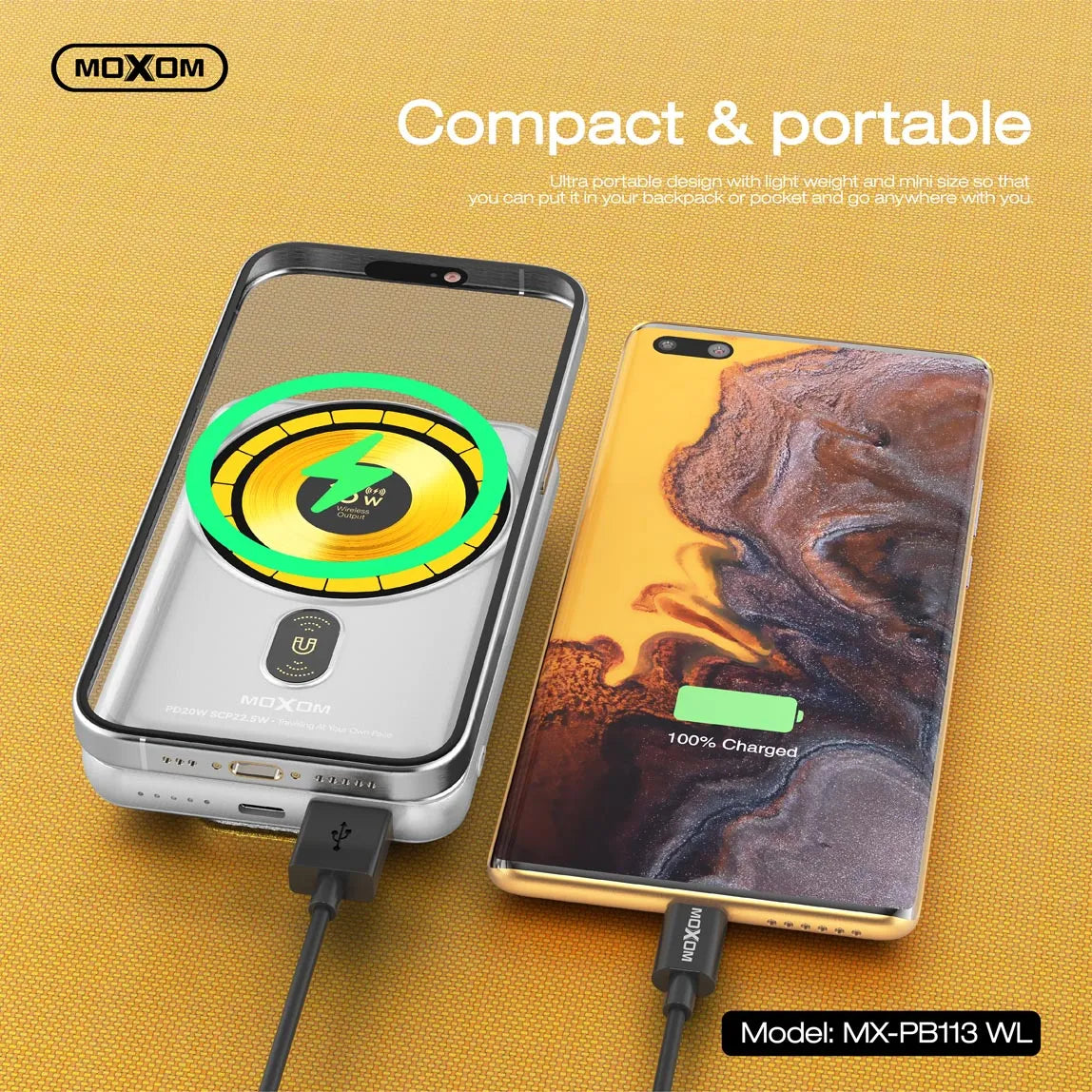 MOXOM 10000mAh PD20W SCP22.5W with LED Indicator and Magnetic 15W Wireless Output Power Bank Type-C + USB - Black
