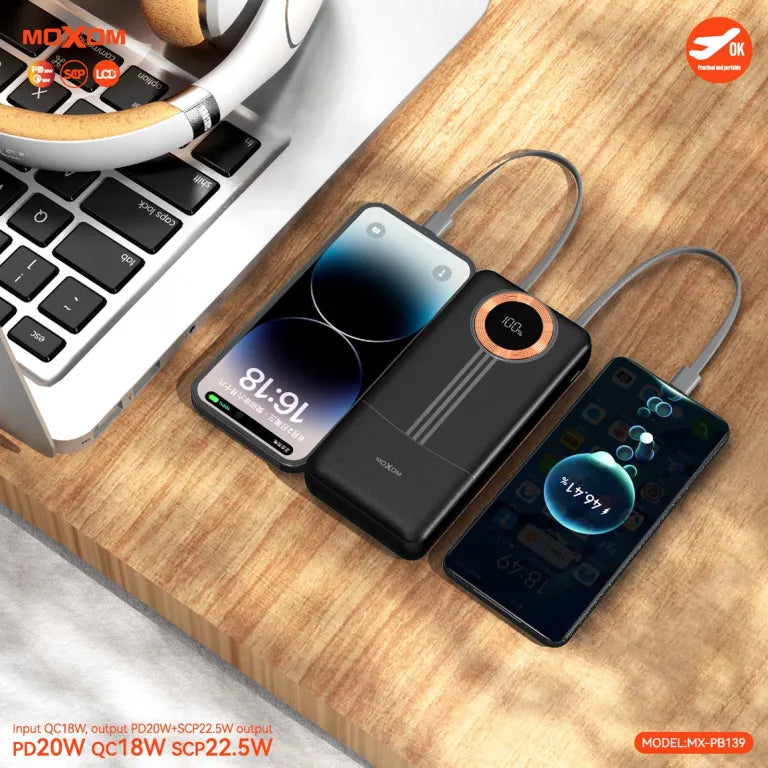 MOXOM 20000mAh PD20W SCP22.5W Power Bank - Black