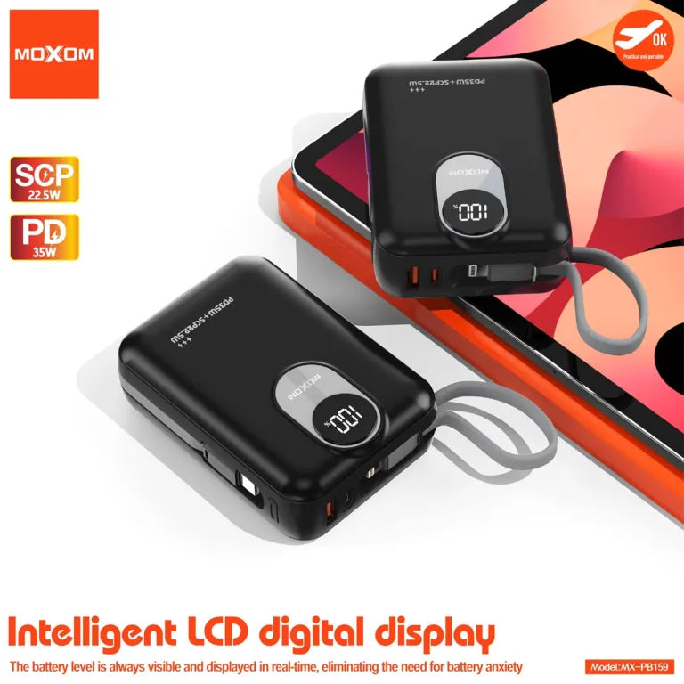 MOXOM 20000mAh PD35W SCP22.5W Power Bank With Type-C and Lightning Cables - Black