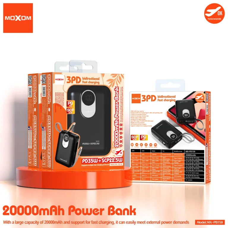 MOXOM 20000mAh PD35W SCP22.5W Power Bank With Type-C and Lightning Cables - Black