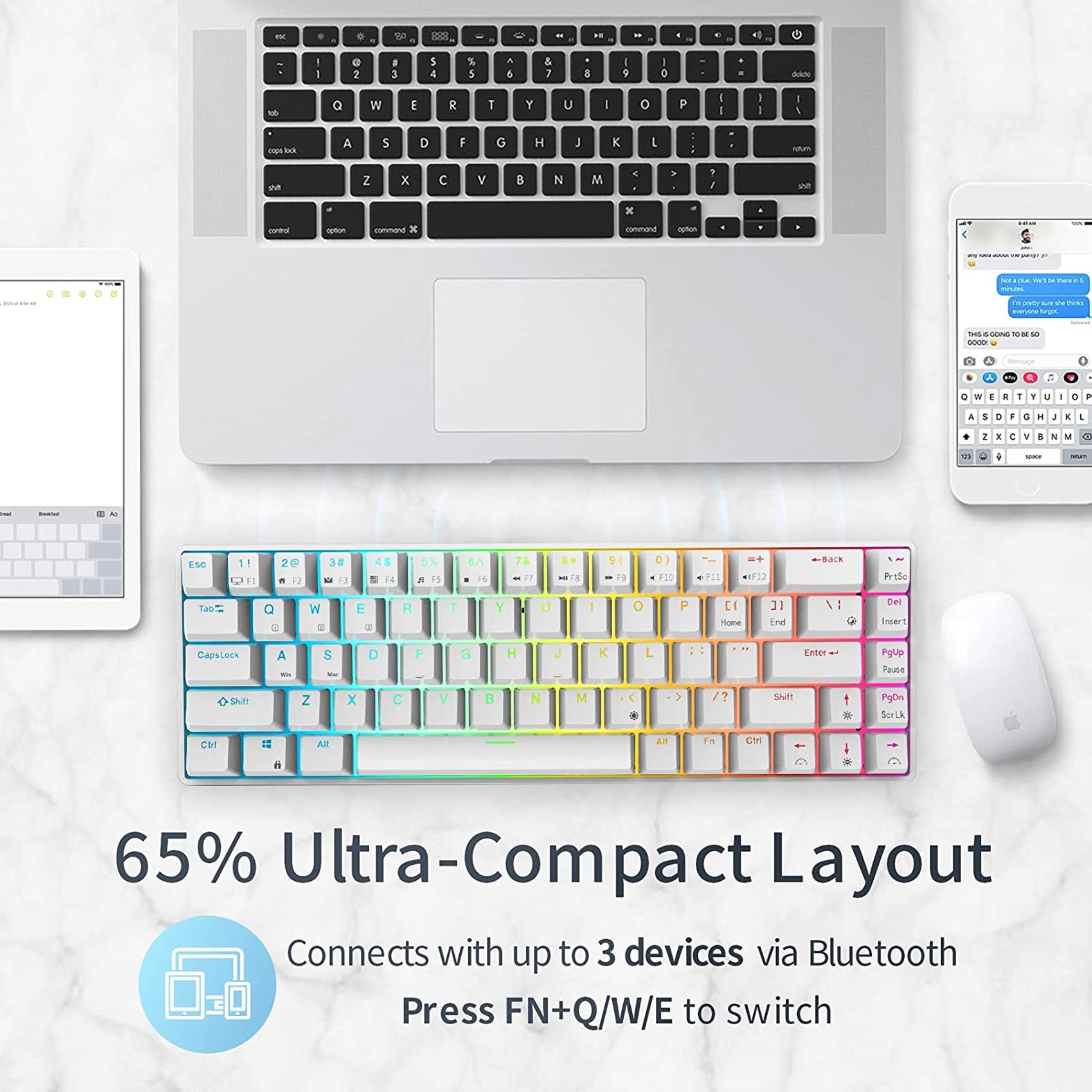 RK ROYAL KLUDGE RK68 | RK837 65%  Triple Mode Wireless Bluetooth5.1/2.4G/Wired, Hot Swappable Mechanical Gaming Keyboard, 68 Keys RGB - White