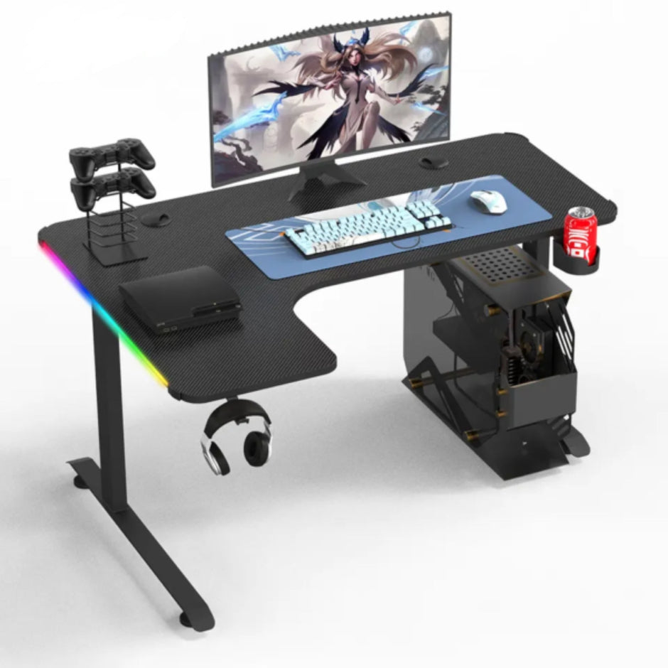 L-Shaped RGB Gaming Desk with Cup & Headset Holder - Black 160 cm & 140 cm