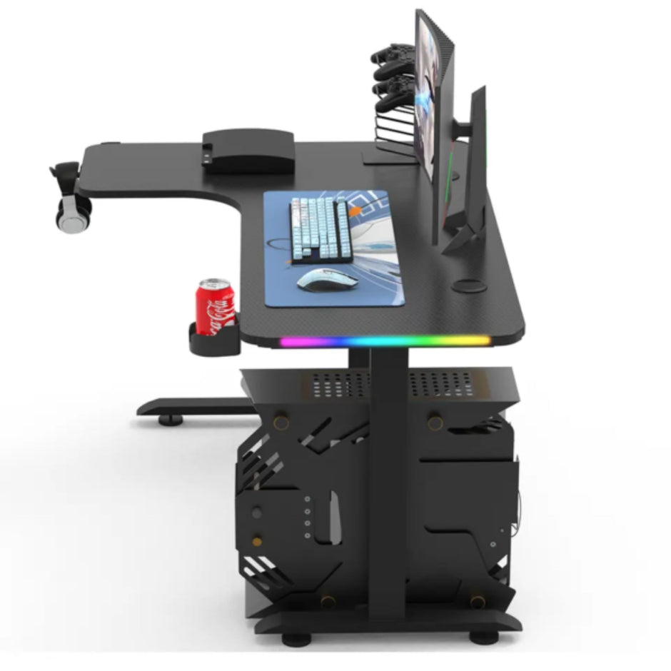 L-Shaped RGB Gaming Desk with Cup & Headset Holder - Black 160 cm & 140 cm