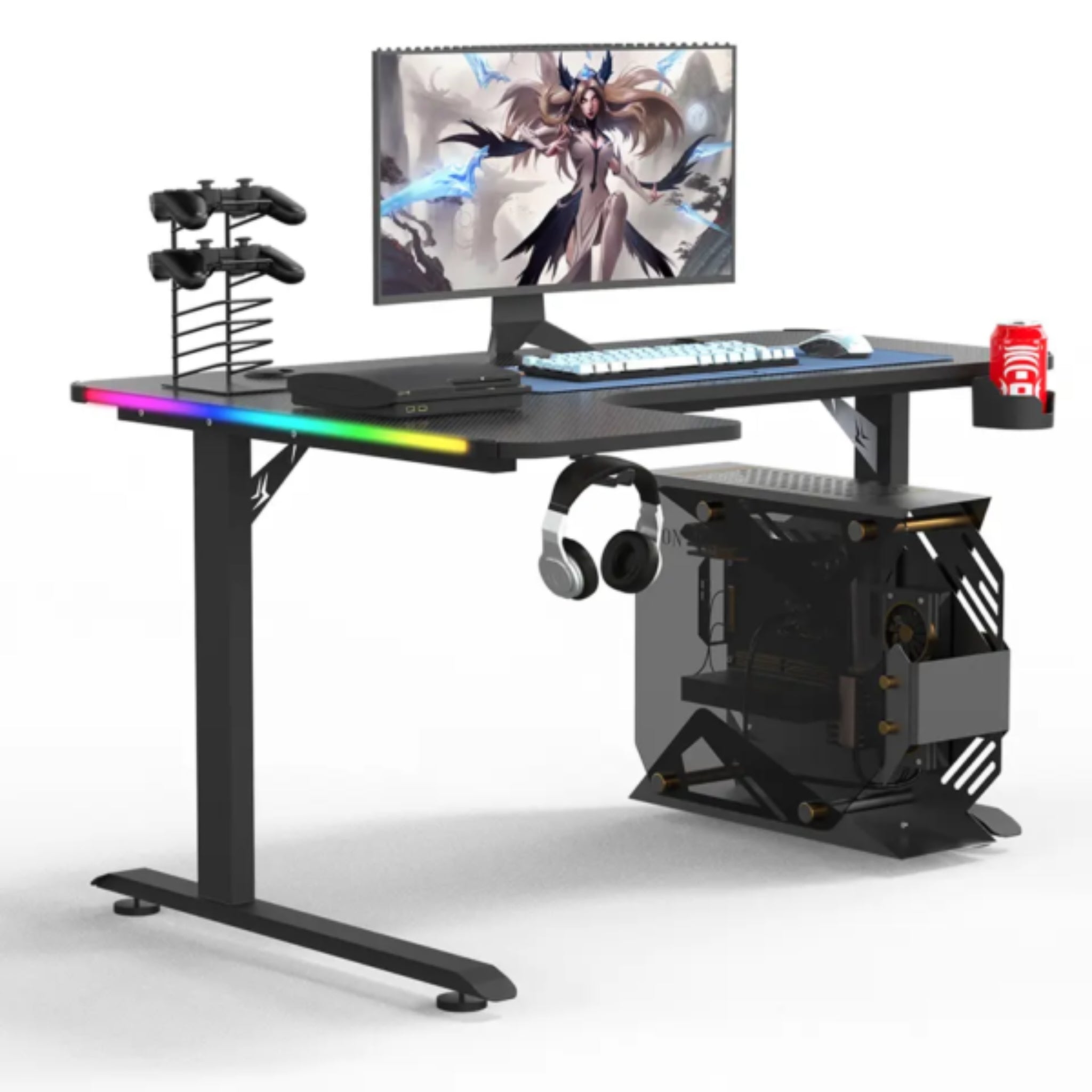 L-Shaped RGB Gaming Desk with Cup & Headset Holder - Black 160 cm & 140 cm