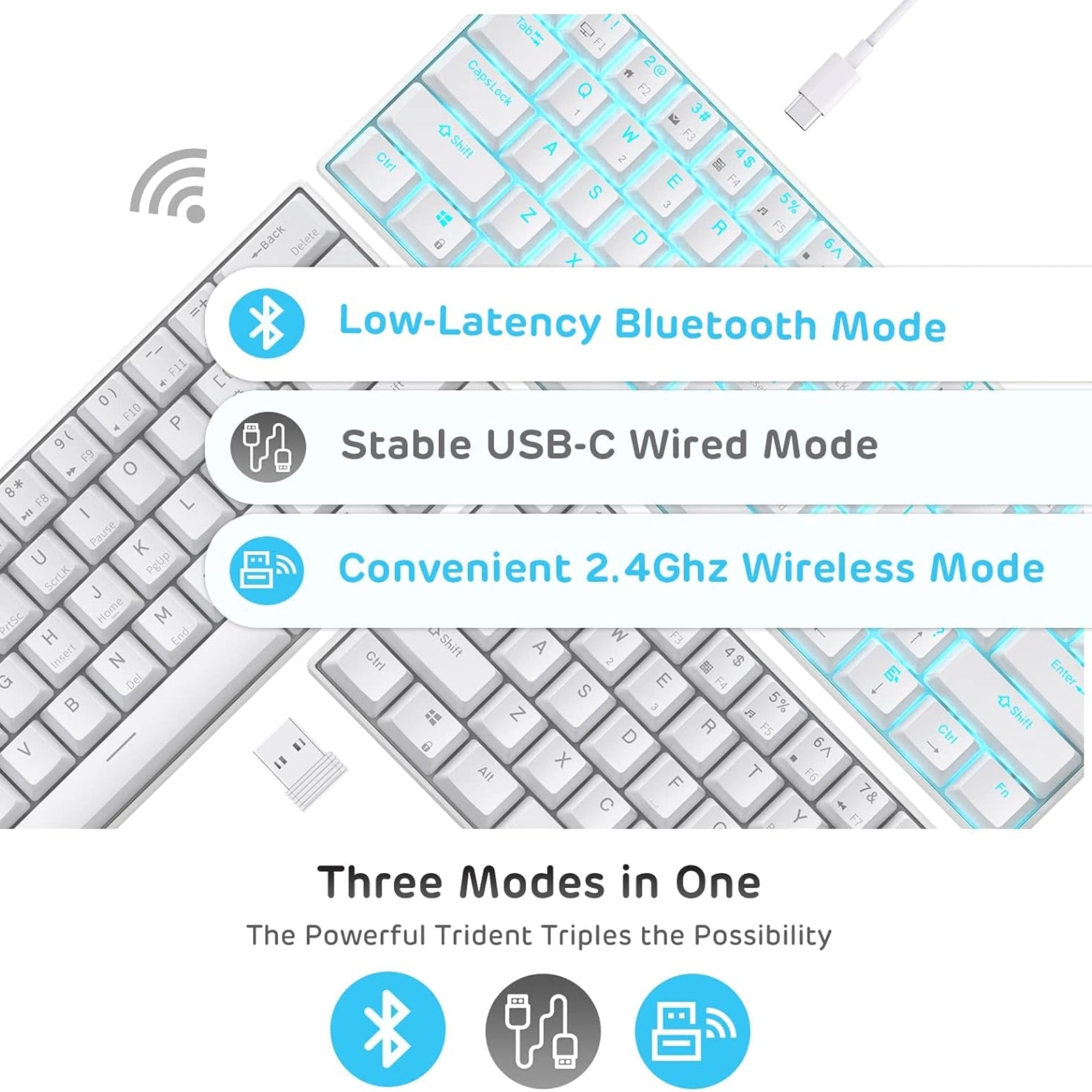 RK ROYAL KLUDGE RK61 RGB Triple Mode BT5.0/2.4G/USB-C 60% Hot-swappable Switches Mechanical Gaming Keyboard - White